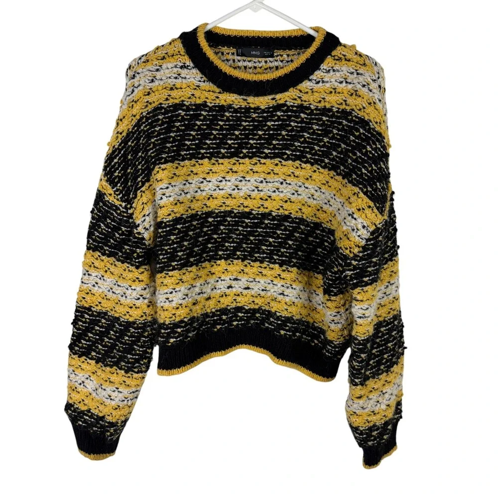 MNG Mango Women's Medium Striped Knit Sweater‎ Yellow Black White Crew Neck